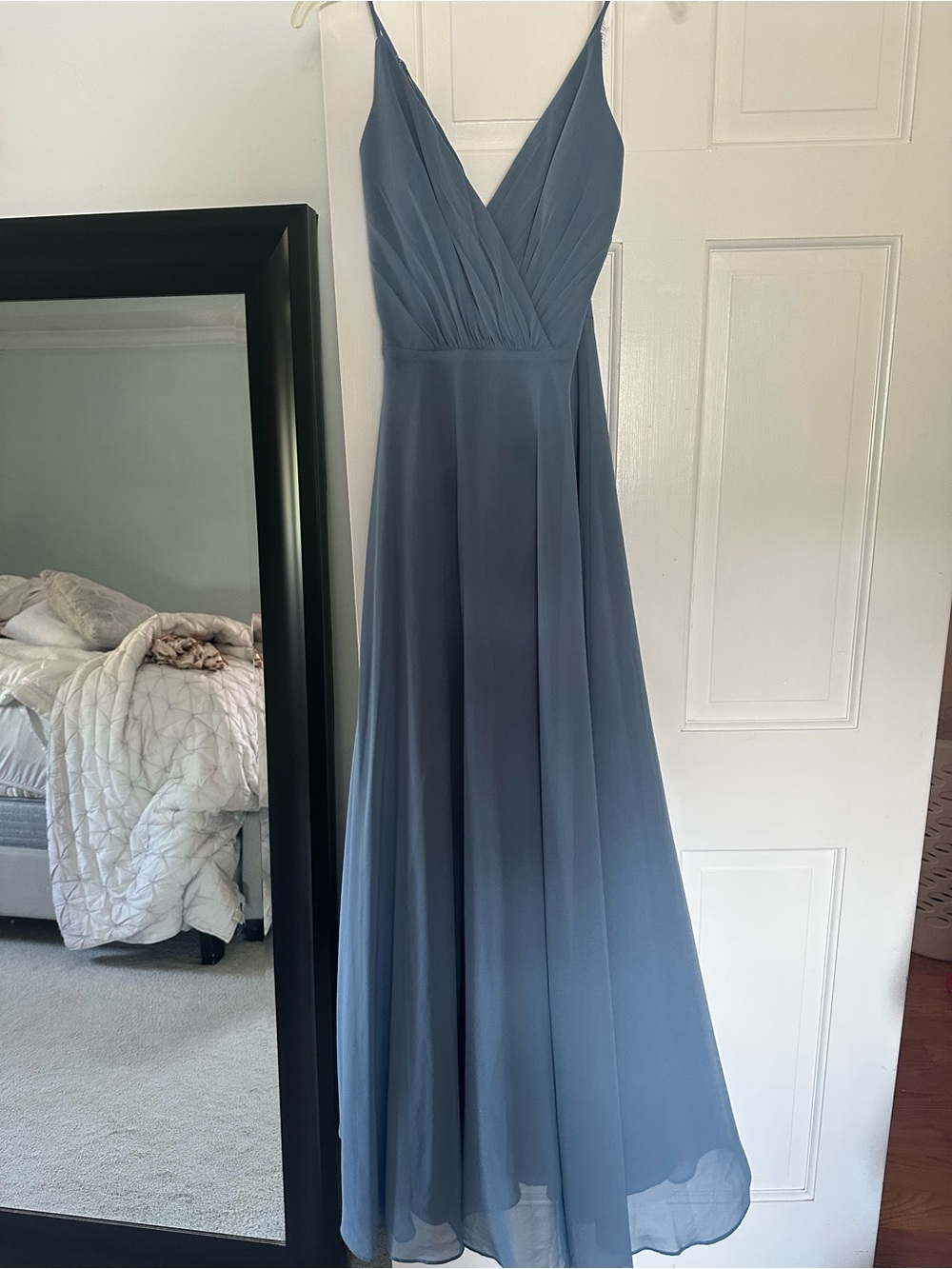 V-Neck Slate Blue Spaghetti Strap Maxi Dress